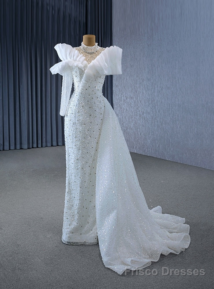 White Mermaid High Neck Long Sleeve Pearls Wedding Dress Main image