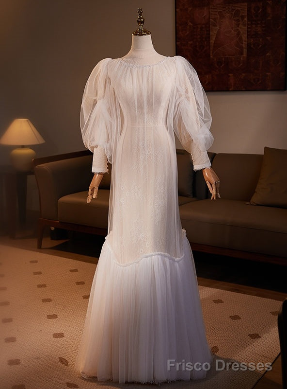 White Mermaid Lace Long Seeve Wedding Dress Main image