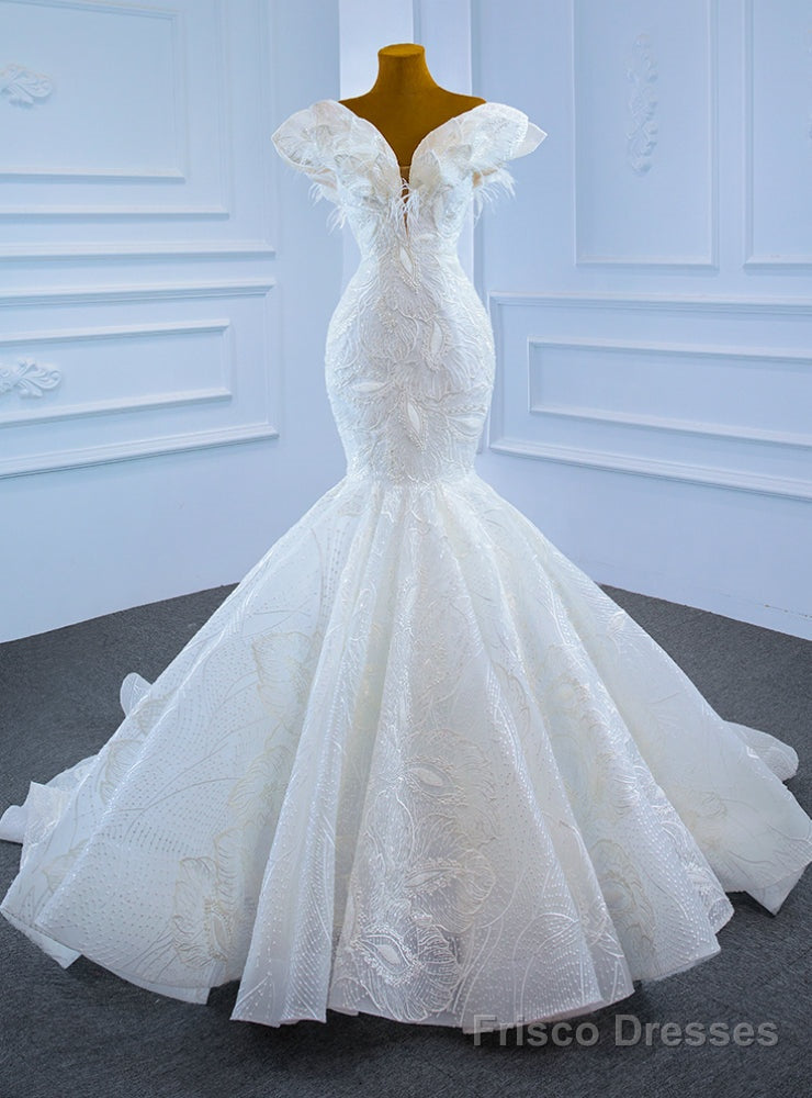 White Mermaid Lace Off the Shoulder Wedding Dress Main image