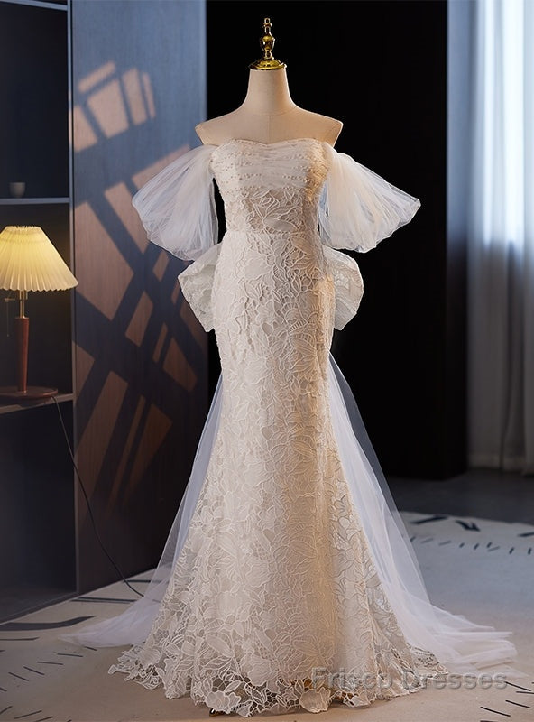 White Mermaid Lace Strapless Pearls Wedding Dress Main image