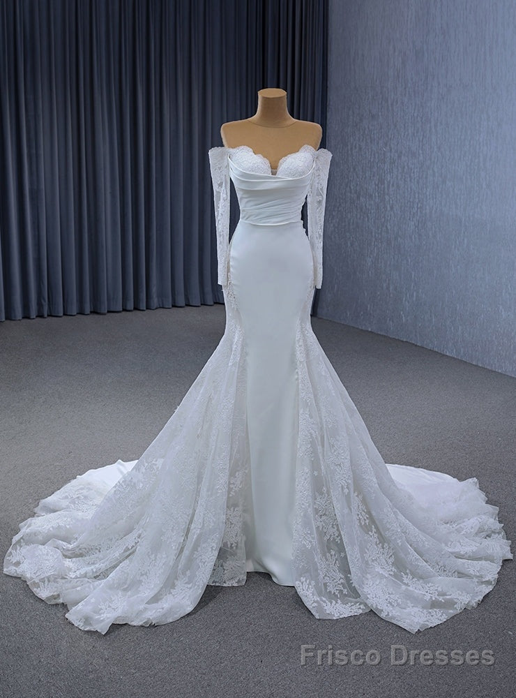 White Mermaid Long Sleeve Appliques Pleats Wedding Dress Main image