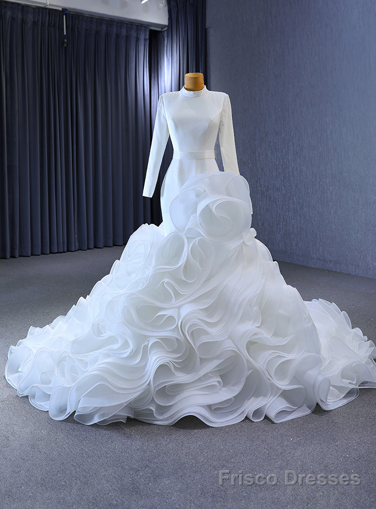 White Mermaid Long Sleeve High Neck Wedding Dress Main image