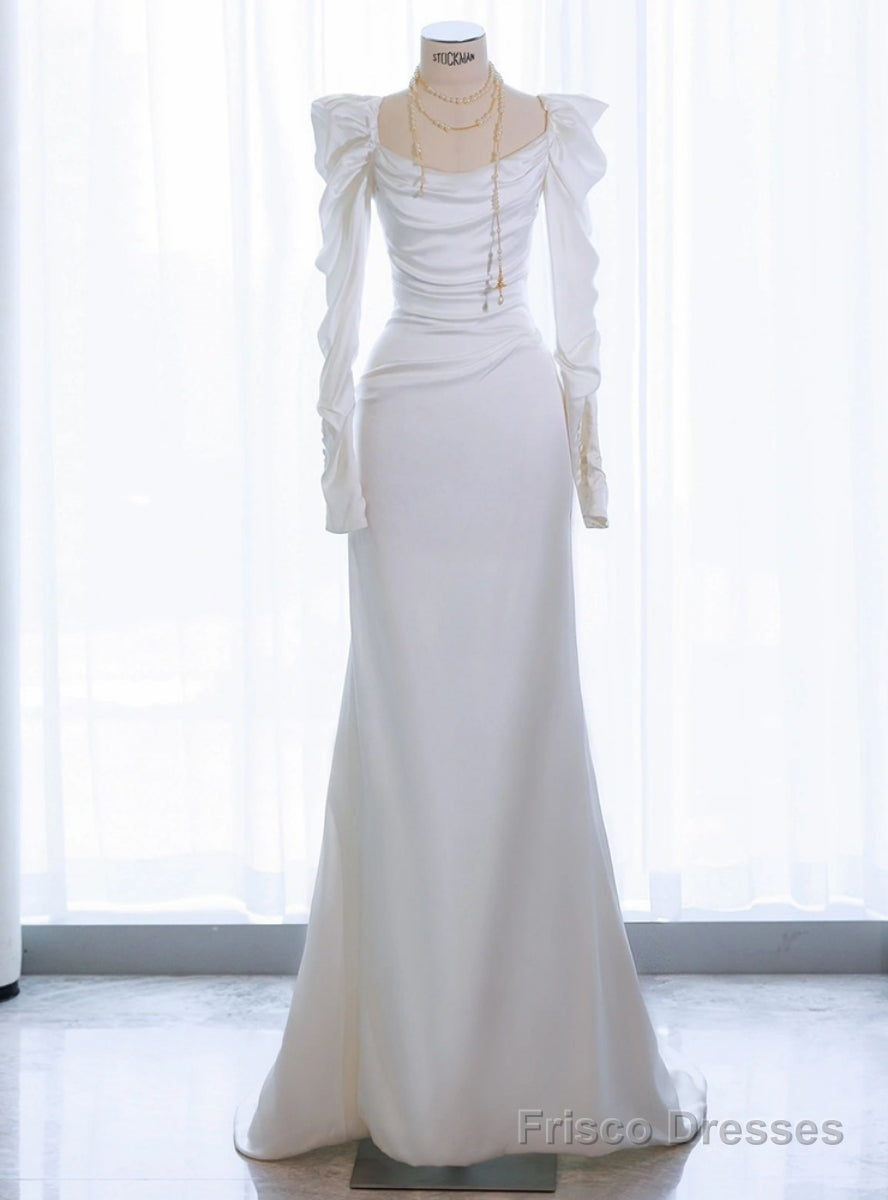 White Mermaid Long Sleeve Square Pleats Wedding Dress