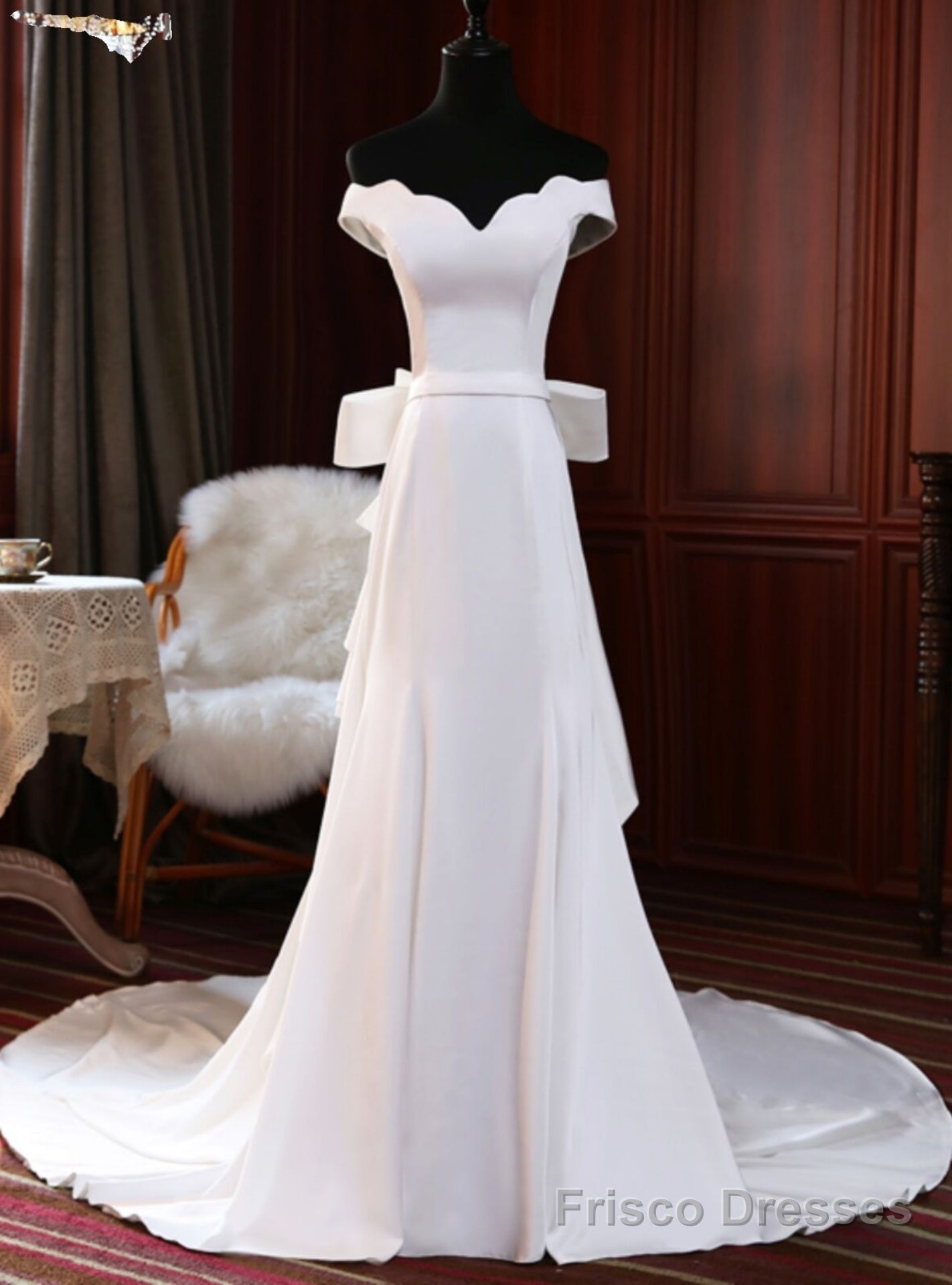 White Mermaid Off the Shoulder Bow Wedding Dress Main image