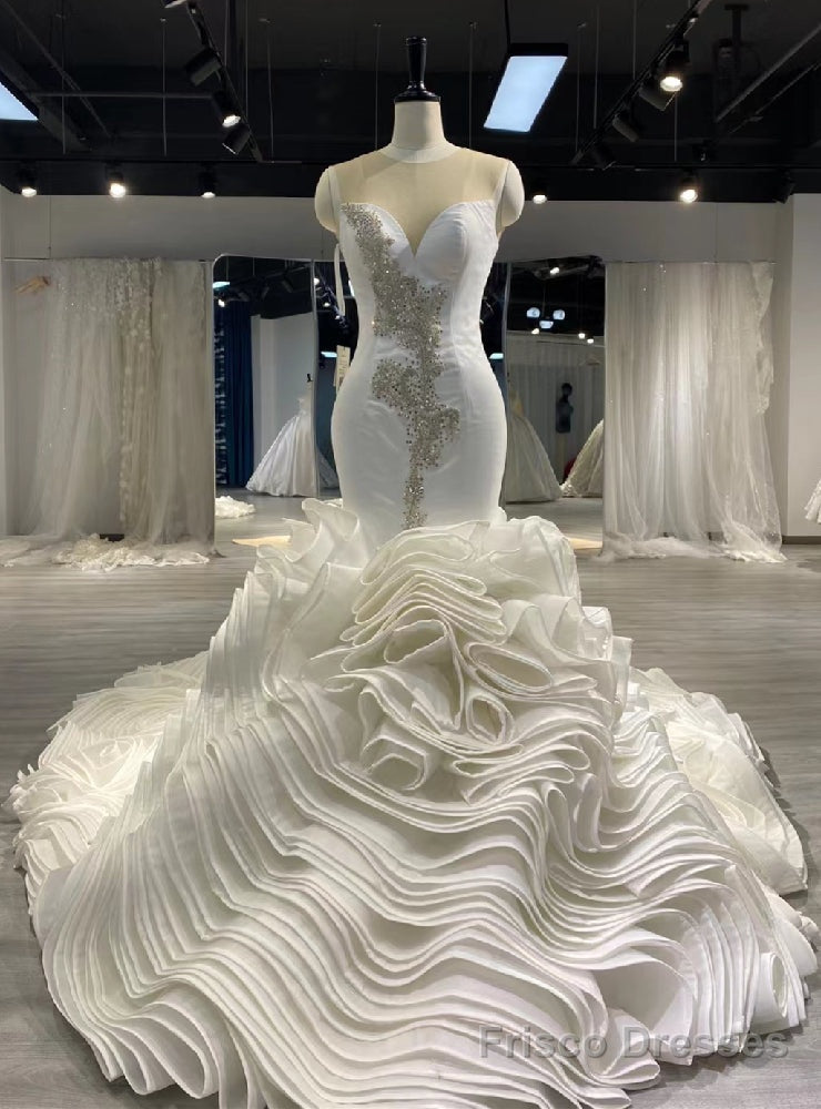 White Mermaid Organza See Through Neck Beading Wedding Dress Main image