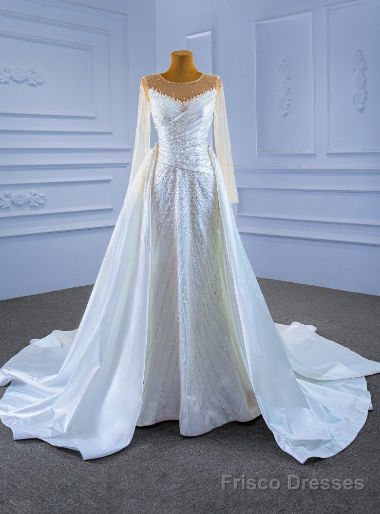 White Mermaid Satin Long Sleeve Pearls Beading Wedding Dress Main image