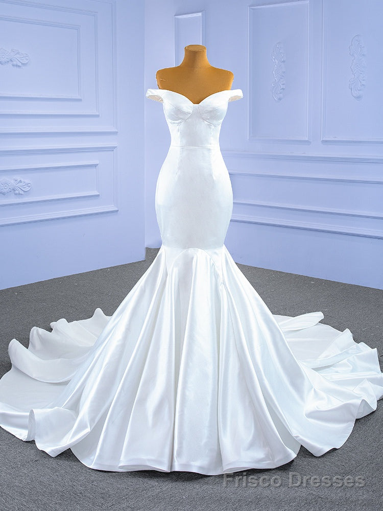 White Mermaid Satin Off the Shoulder Wedding Dress Main image
