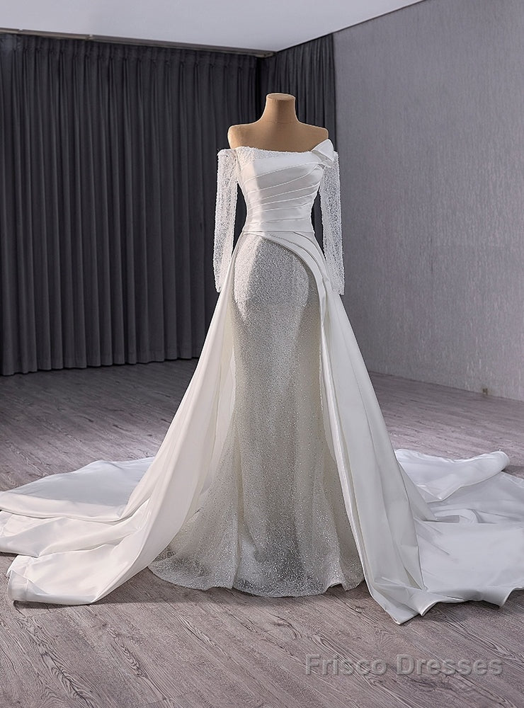 White Mermaid Satin Sequins Long Sleeve Wedding Dress Main image