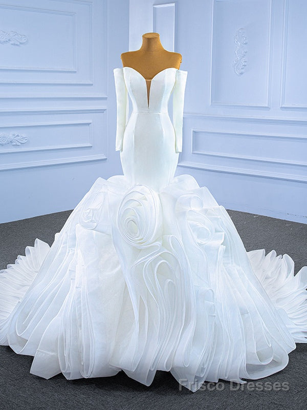 White Mermaid Satin Tulle Long Sleeve Wedding Dress Main image