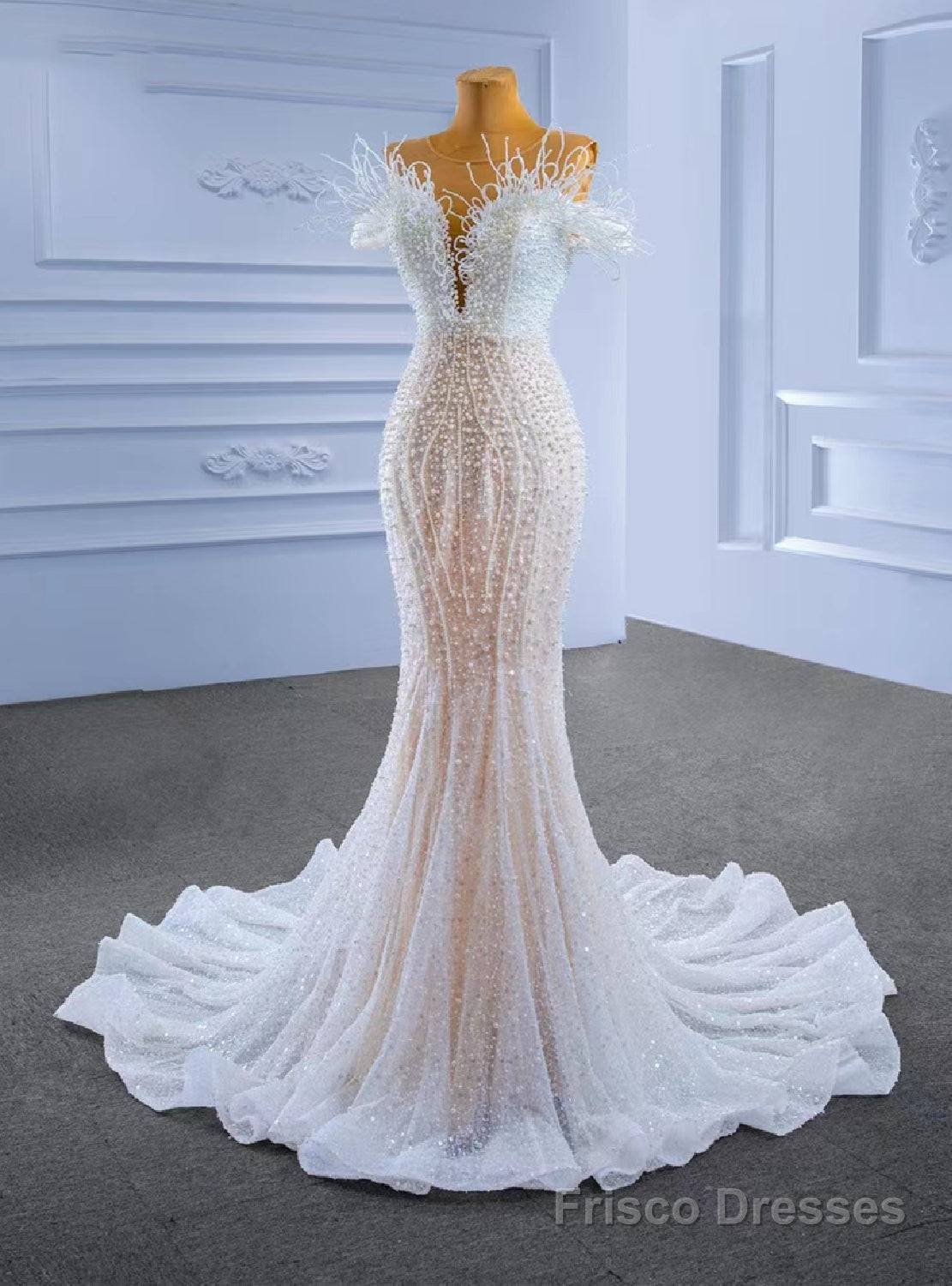 White Mermaid Sequins Beading Pearls Wedding Dress Main image