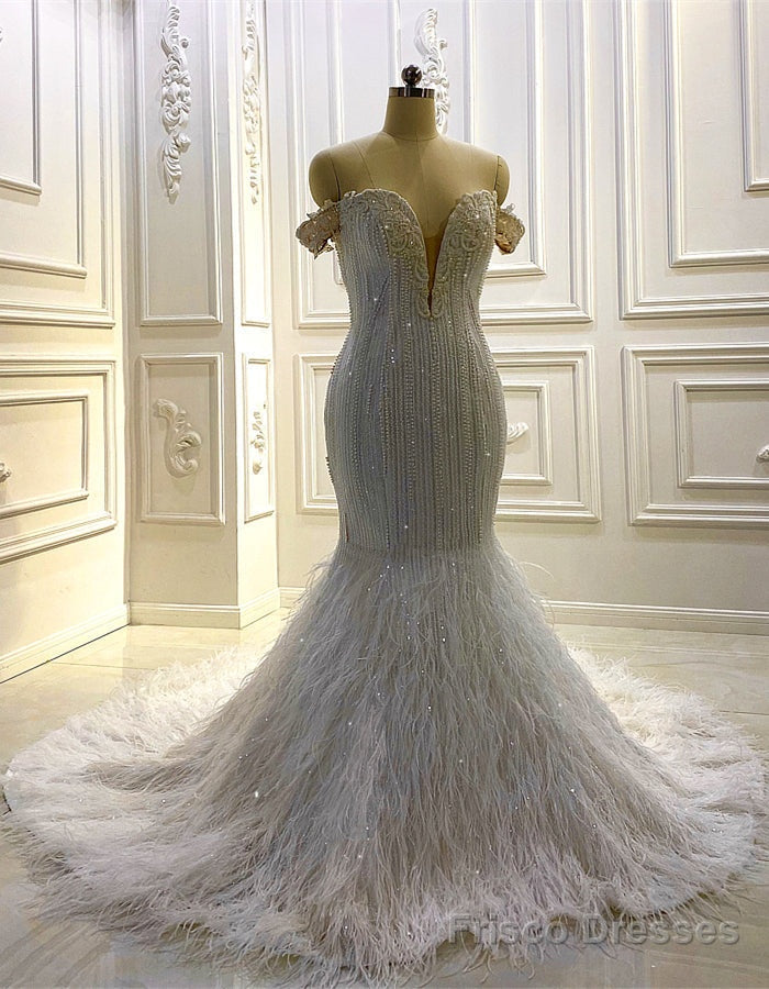White Mermaid Sequins Pearls Feather Wedding Dress Main image