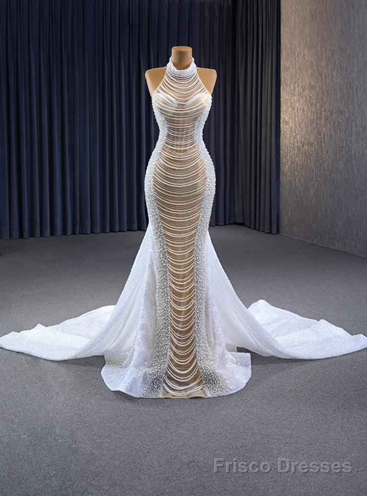White Mermaid Sequins Pearls Halter Wedding Dress Main image