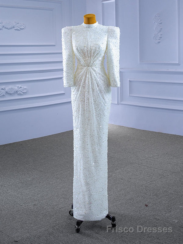 White Mermaid Sequins Pearls Long Sleeve Wedding Dress Main image