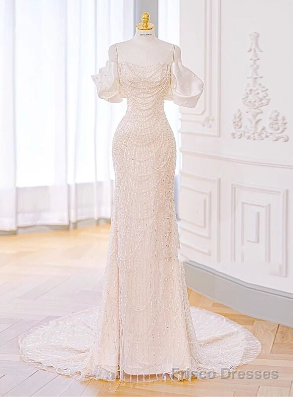 White Mermaid Sequins Pearls Wedding Dress With Train Main image