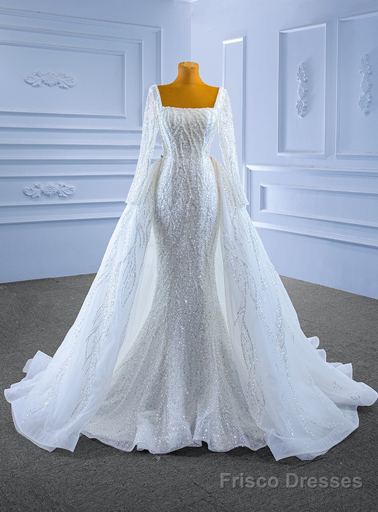 White Mermaid Sequins Square Neck Wedding Dress With Detachable Train Main image