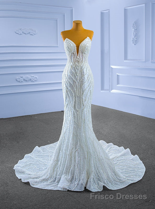 White Mermaid Sequins Strapless Pearls Wedding Dress Main image