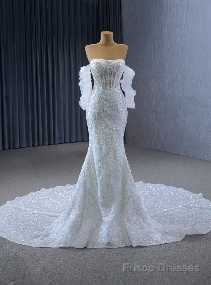 White Mermaid Sequins Strapless Wedding Dress With Train Main image