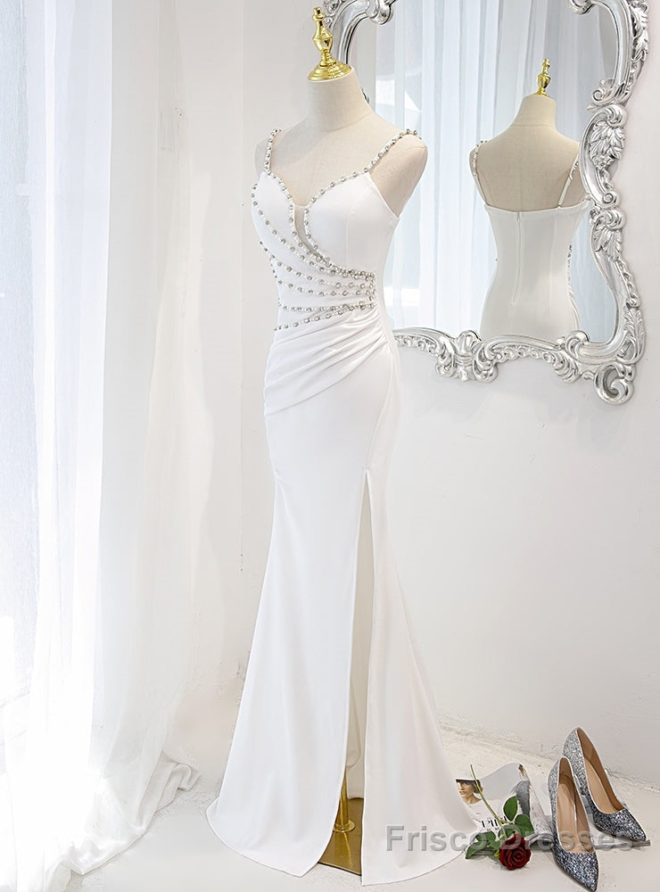 White Mermaid Spaghetti Straps Beading Pearls Wedding Dress Main image