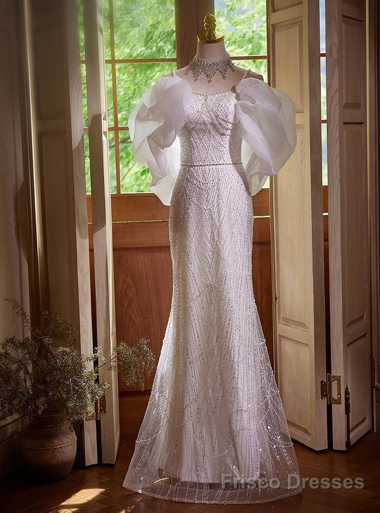 White Mermaid Spaghetti Straps Beading Wedding Dress Main image