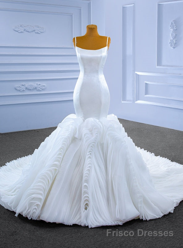 White Mermaid Spaghetti Straps Satin Wedding Dress Main image