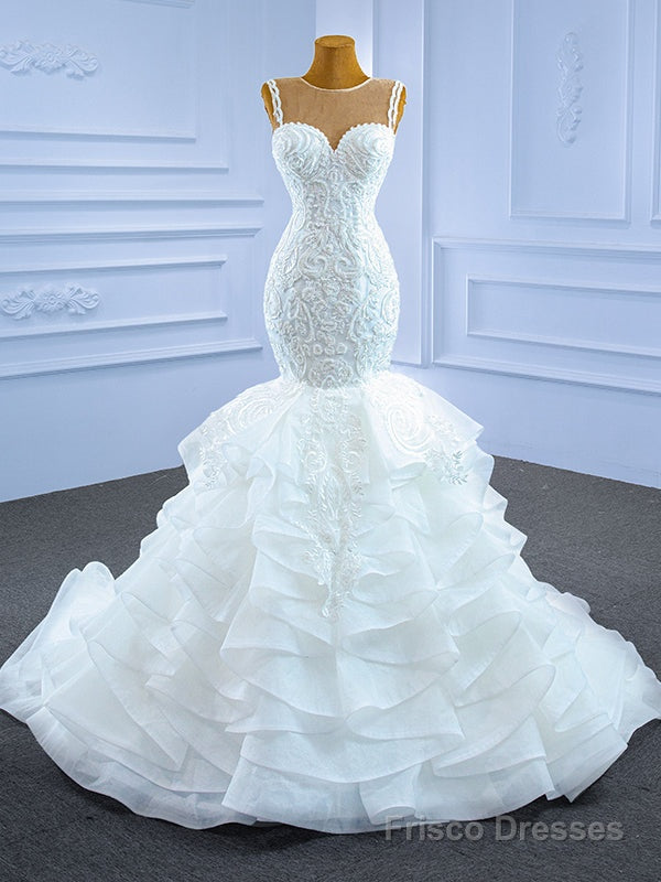 White Mermaid Tulle Appliques Wedding Dress Main image