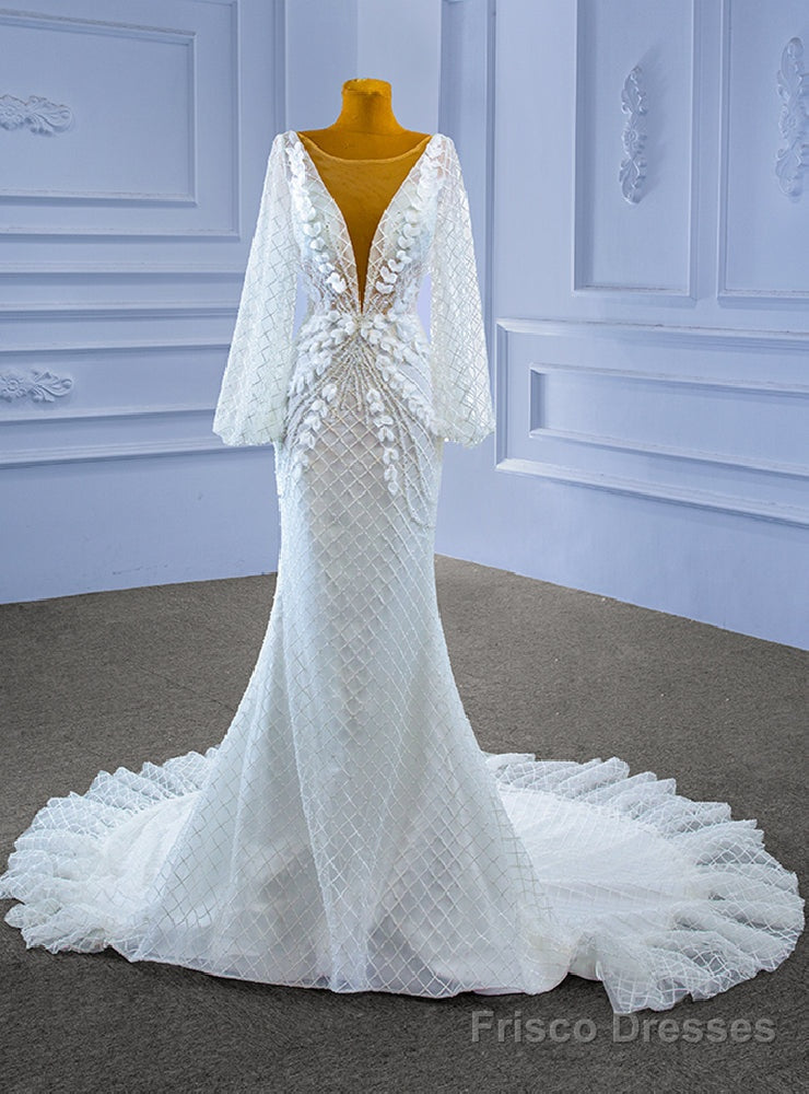 White Mermaid Tulle Long Sleeve Appliques Beading See Through V-neck Wedding Dress Main image