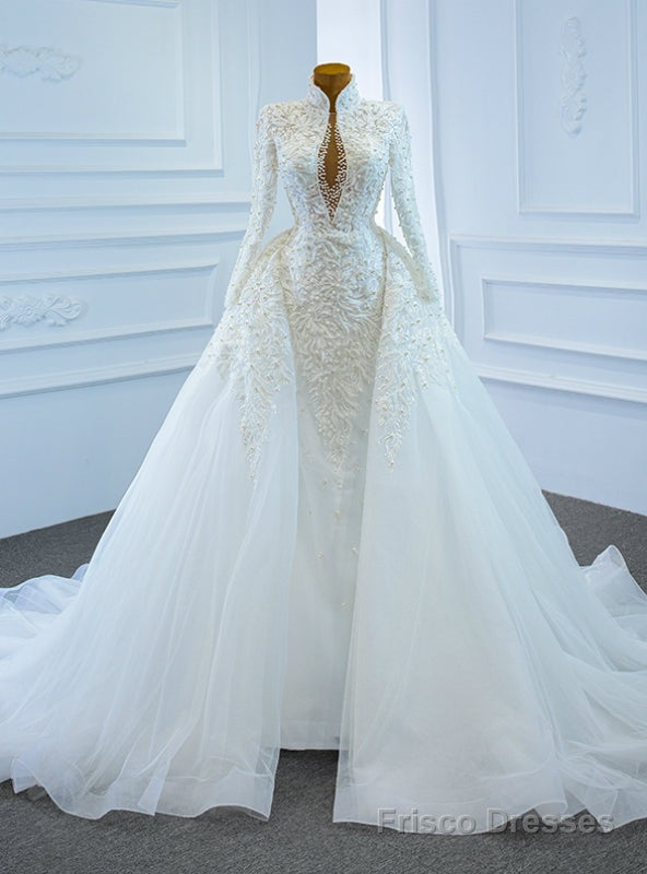 White Mermaid Tulle Long Sleeve Appliques Pearls Wedding Dress Main image