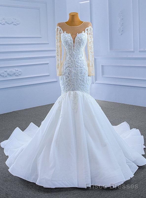 White Mermaid Tulle Long Sleeve Beading Wedding Dress Main image
