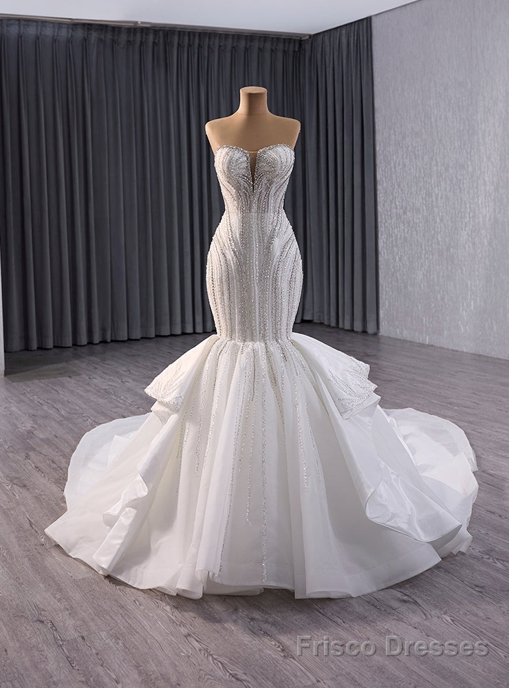 White Mermaid Tulle Sequins Beading Strapless Wedding Dress Main image
