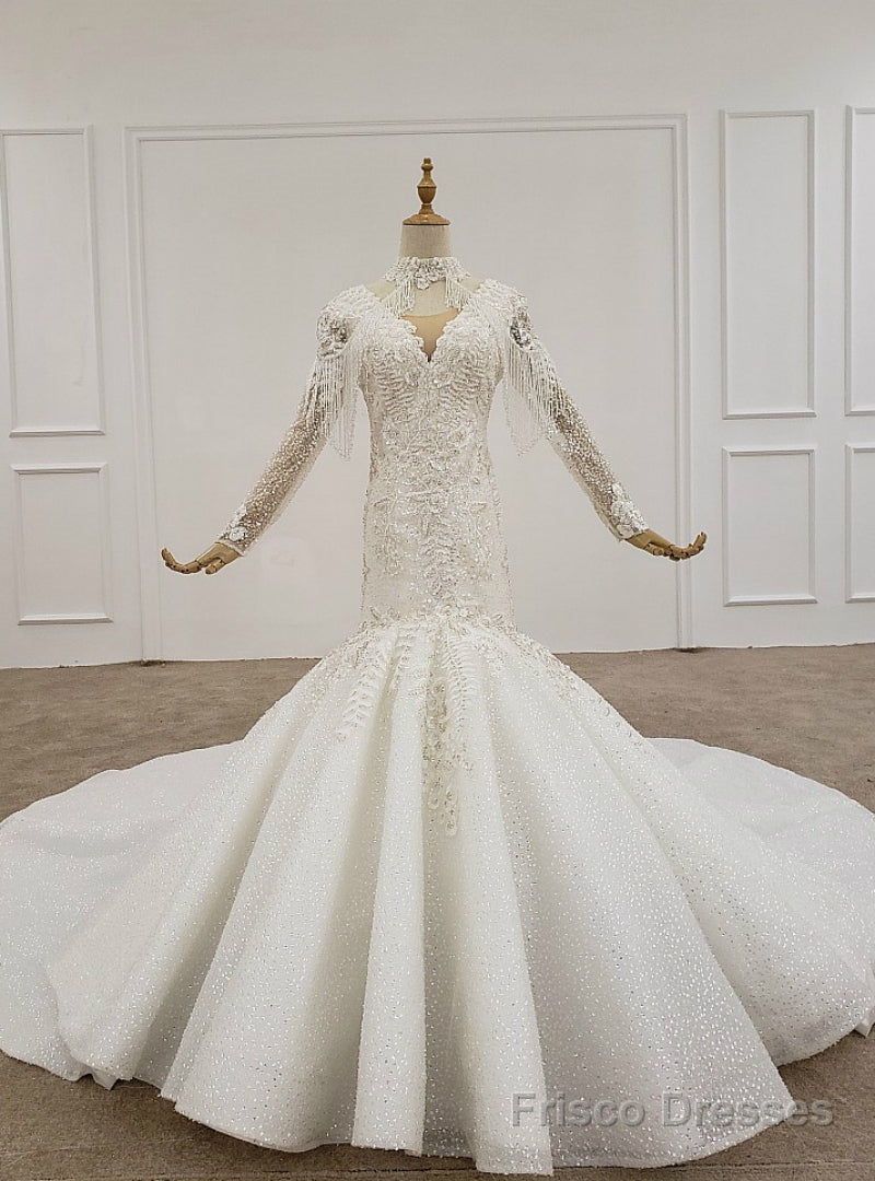 White Mermaid Tulle Sequins V-neck Long Sleeve Appliques Beading Wedding Dress Main image