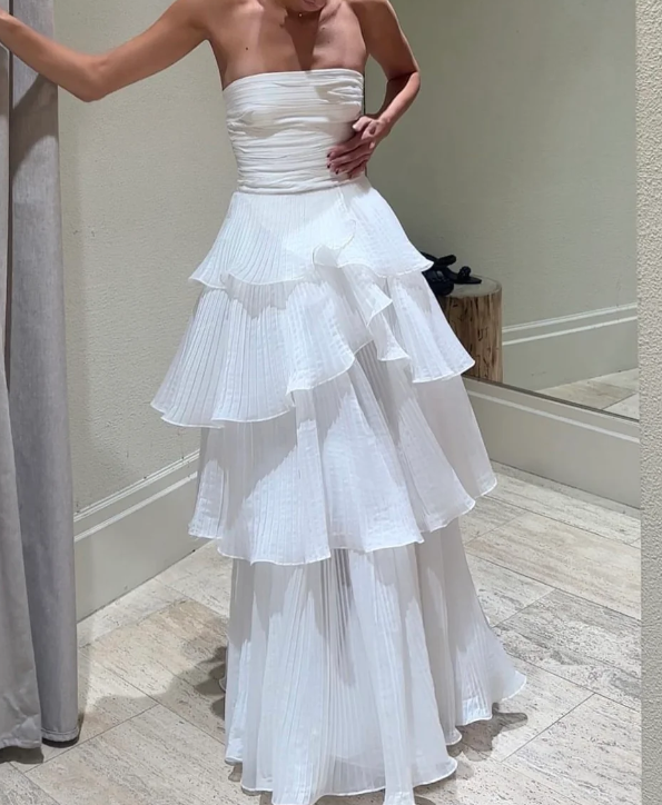 White Multi-Layer Evening Dresses Long White Prom Gown