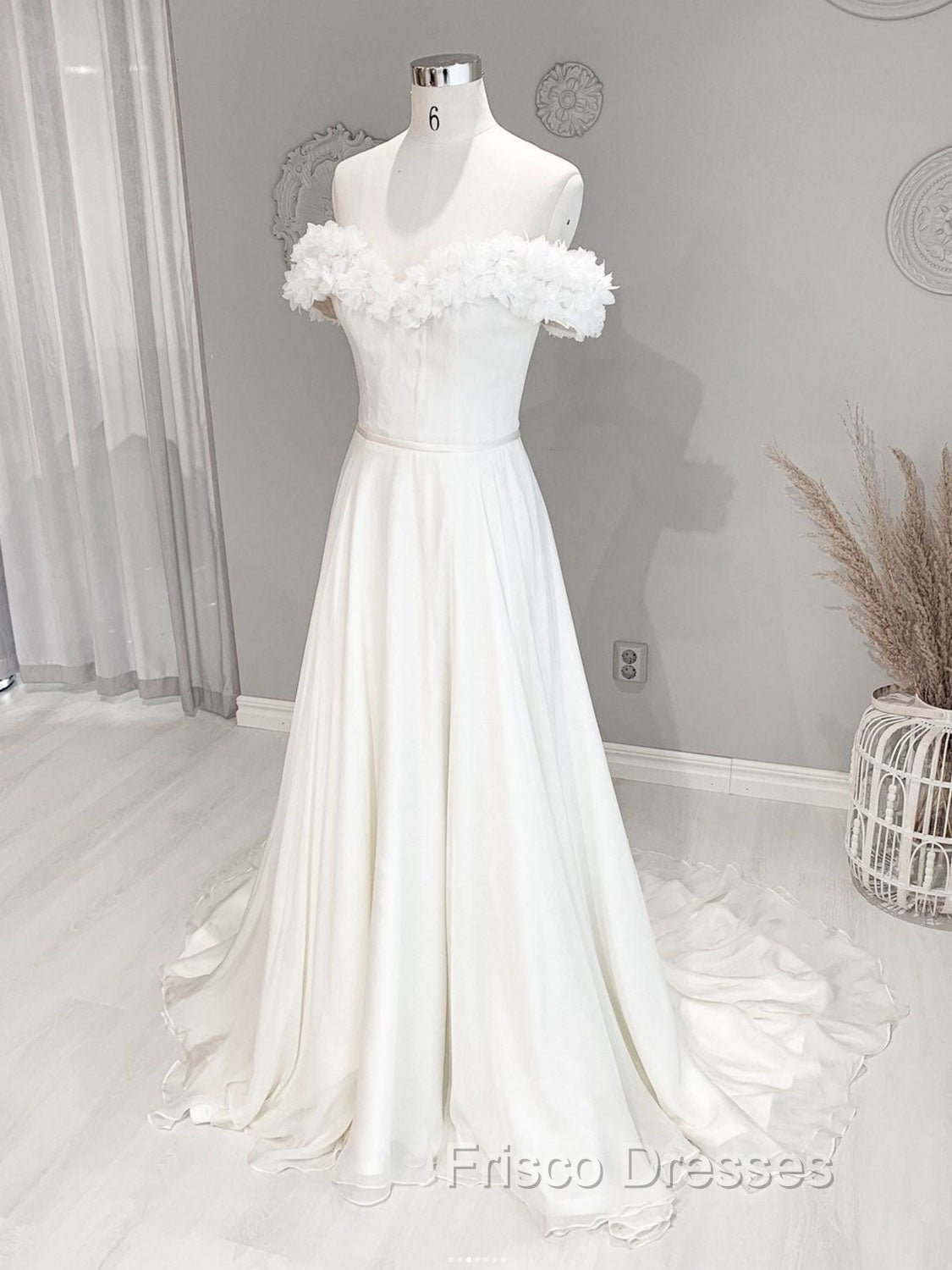 White Off Shoulder Chiffon Long Formal Prom Dress, White Evening Dress