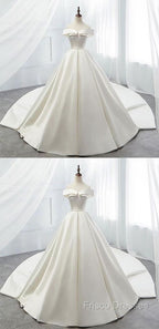 White Off Shoulder Satin Long Formal Prom Dress, White Formal Dress, White Wedding Dress, White Formal Dress