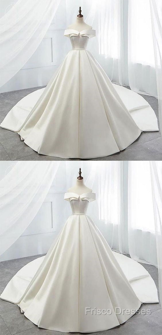 White Off Shoulder Satin Long Formal Prom Dress, White Formal Dress, White Wedding Dress, White Formal Dress