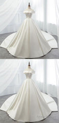 White Off Shoulder Satin Long Prom Dress, White Evening Dress, White Wedding Dress, White Formal Dress