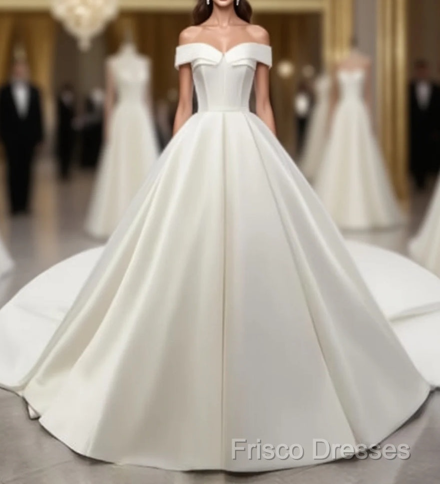 White Off Shoulder Satin Long Formal Prom Dress, White Formal Dress, White Wedding Dress, White Formal Dress Main image