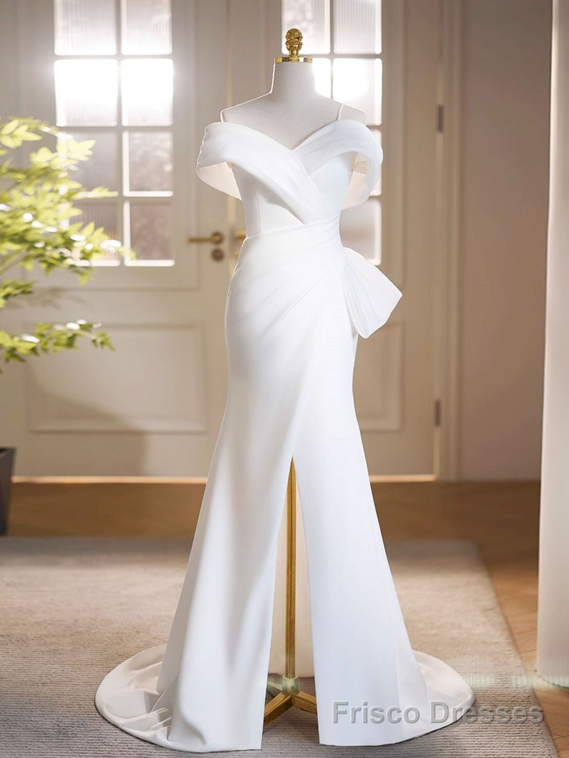 White Off Shoulder Satin Long Prom Dress, White Formal Dress