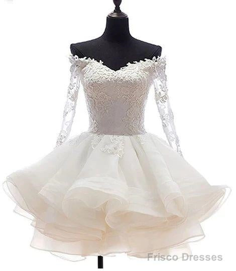 White Off Shoulder Short Organza With Lace Top Graduation Dress, Short Wedding Party Dress