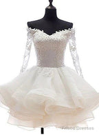 White Off Shoulder Short Organza With Lace Top Graduation Dress, Short Wedding Party Dress