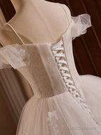 White Off Shoulder Tulle Lace Long Prom Dress, White Long Wedding Dress