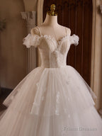 White Off Shoulder Tulle Lace Long Prom Dress, White Long Wedding Dress
