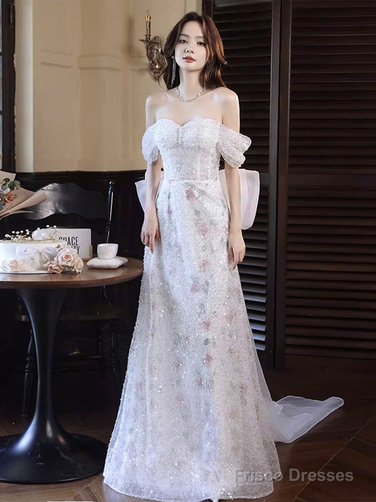 White Off Shoulder Tulle Lace Long Prom Dress, White Tulle Formal Dress Secondary image