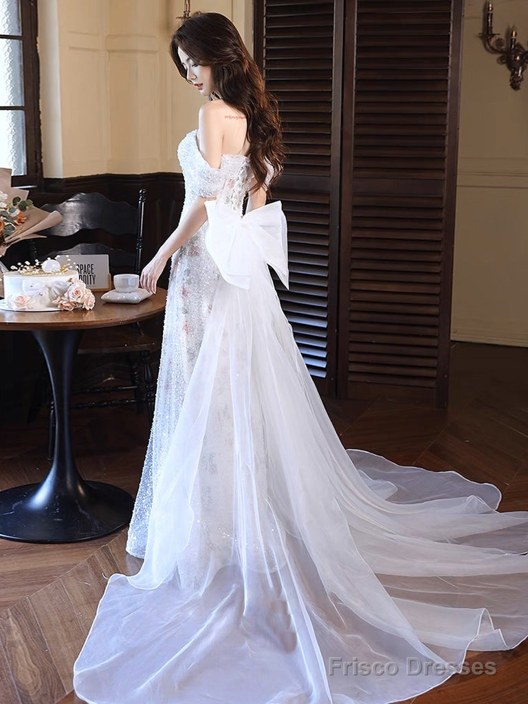 White Off Shoulder Tulle Lace Long Prom Dress, White Tulle Formal Dress Main image