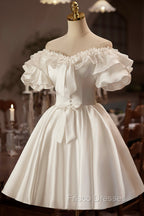 White Off The Shoulder Lace Short Formal Prom Dress, A-Line Satin Knee Length Party Dress