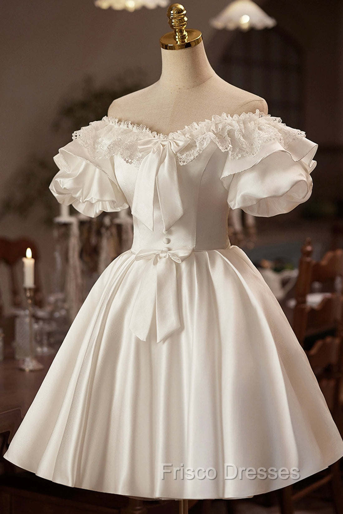 White Off The Shoulder Lace Short Formal Prom Dress, A-Line Satin Knee Length Party Dress