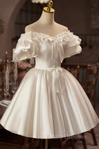 White Off The Shoulder Lace Short Formal Prom Dress, A-Line Satin Knee Length Party Dress