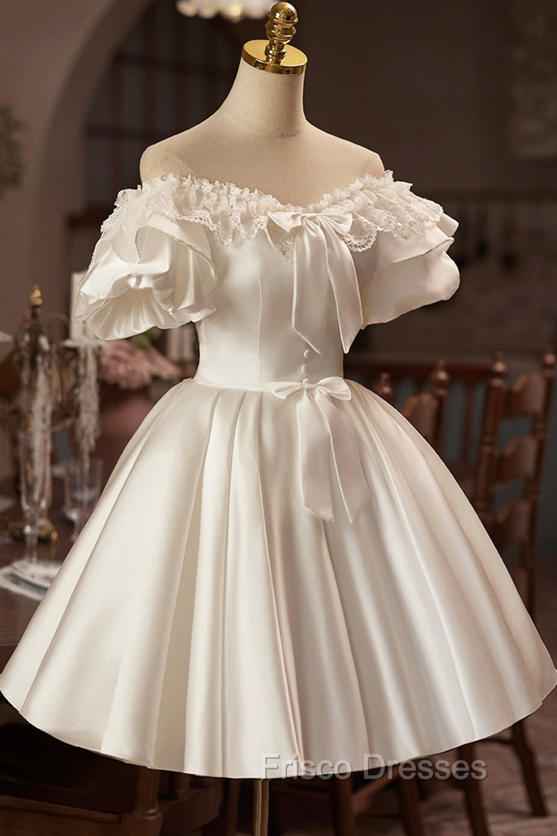 White Off The Shoulder Lace Short Formal Prom Dress, A-Line Satin Knee Length Party Dress