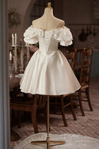White Off The Shoulder Lace Short Formal Prom Dress, A-Line Satin Knee Length Party Dress