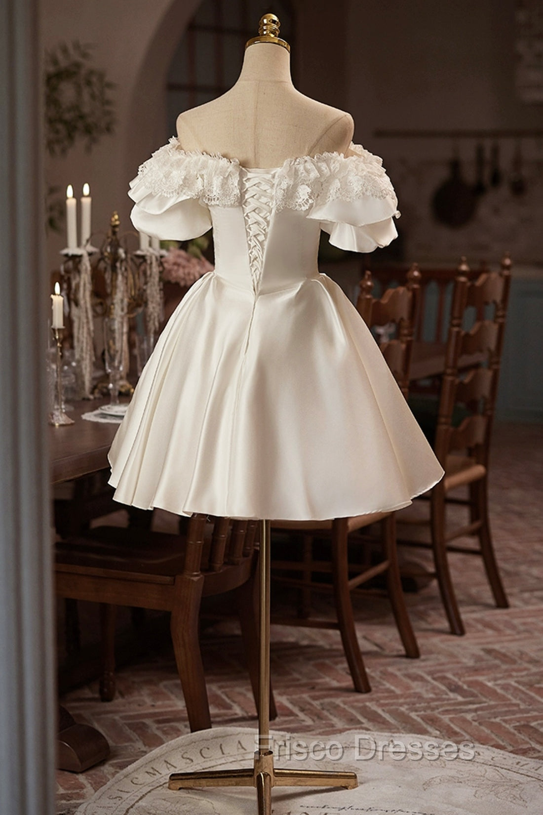 White Off The Shoulder Lace Short Formal Prom Dress, A-Line Satin Knee Length Party Dress