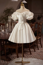 White Off The Shoulder Lace Short Formal Prom Dress, A-Line Satin Knee Length Party Dress